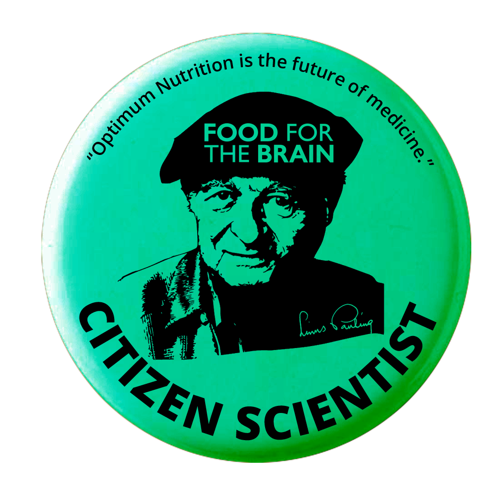 A green Citizen Scientist badge, with the quote "optimum nutrition is the future of medicine".